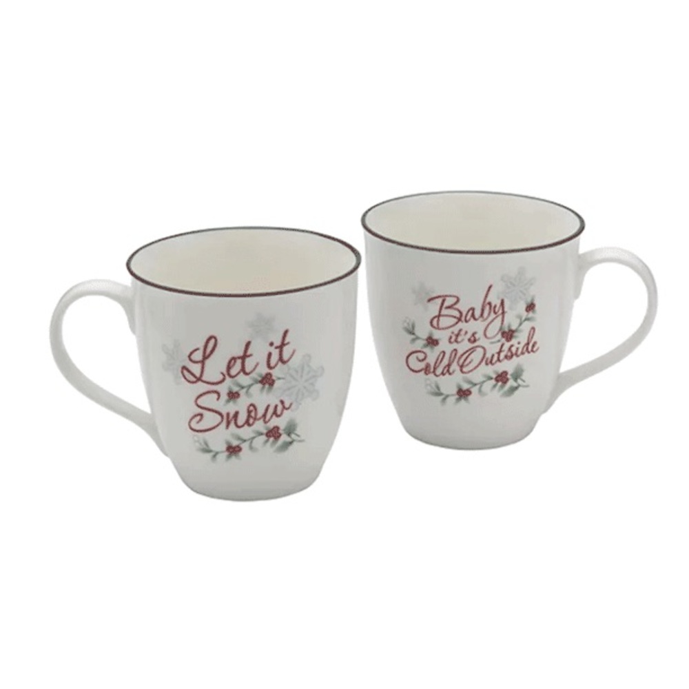 Pfaltzgraff Winterberry Two Mug Set ‘Let It Snow’ ‘Baby It’s Cold Outside’ NEW